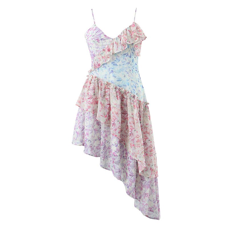 Print Ruffle Stitching Irregular Hem Mini Dress