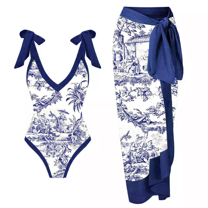 Print Swimsuit & Skirt Beach Set