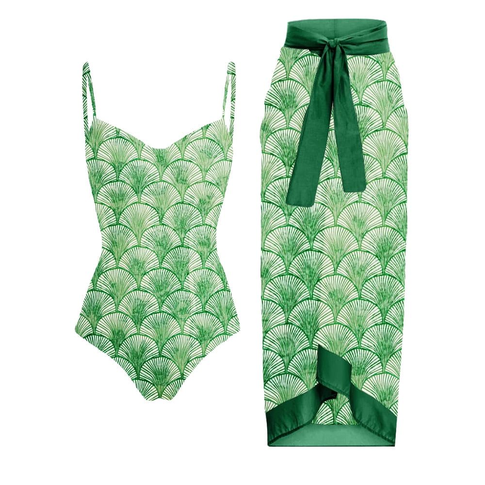Green Print Swimsuit & Skirt Beach Set