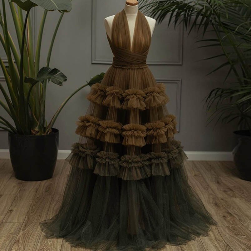 V-neck Brown Tulle Dress