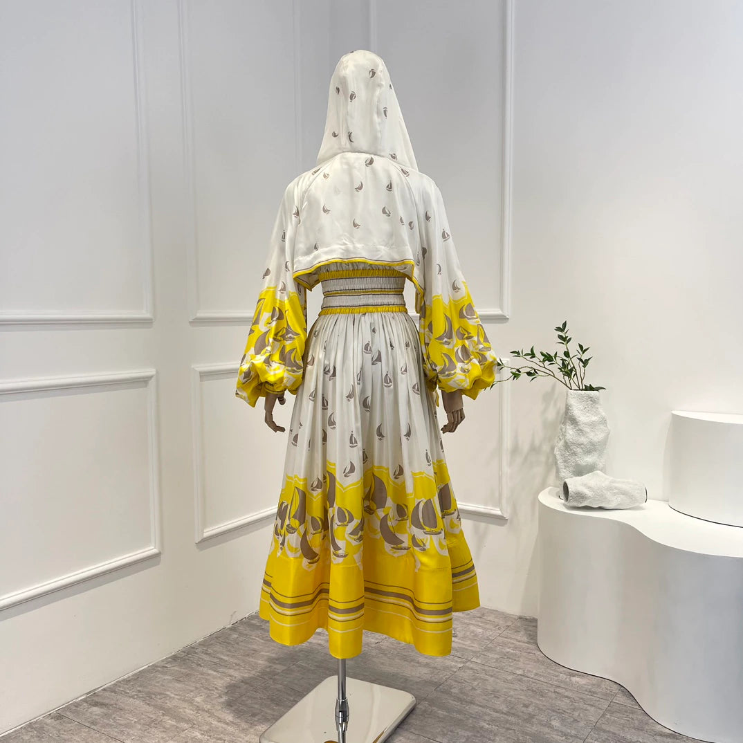 Yellow Sailboat Printing Blouse Midi Skirt