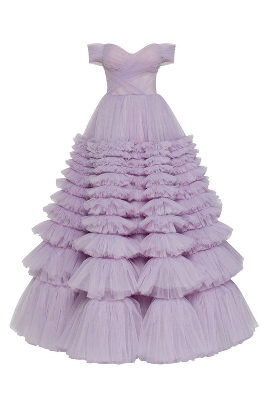 Lavender Tiered Off Shoulder Prom Dress
