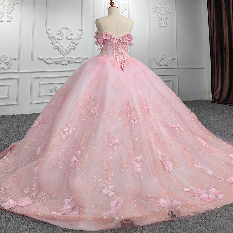 Pink Flower Sequined Lace Evening Dress