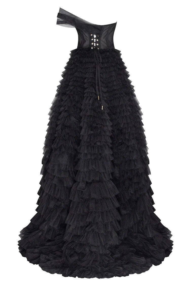 Elegant Black Tiered Tulle Prom Gown