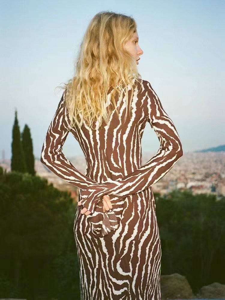 Zebra Print Flare Long Sleeve Maxi Silk Dress