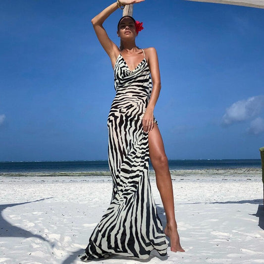 Zebra Spaghetti Strap Side Split Beach Dress