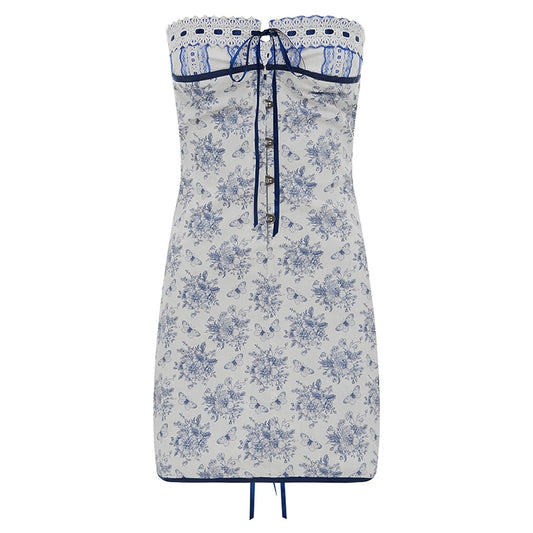 Elegant Strapless Blue & White Mini Dress