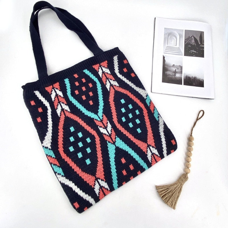 Lady Knitting Gypsy Bohemian Boho Chic Aztec Tote Bag Women Crochet Woolen Open Shopper Top-handle Bag 2022 Female Daily Handbag