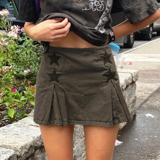 Y2K Grunge Denim Skirt with Star Patchwork