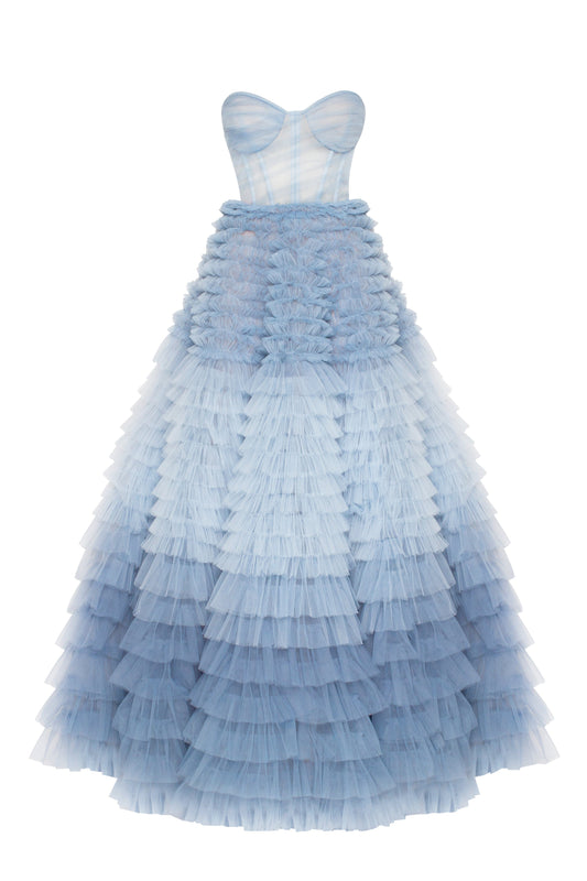 Blue Lace Tiered Ruffles Tulle Gown