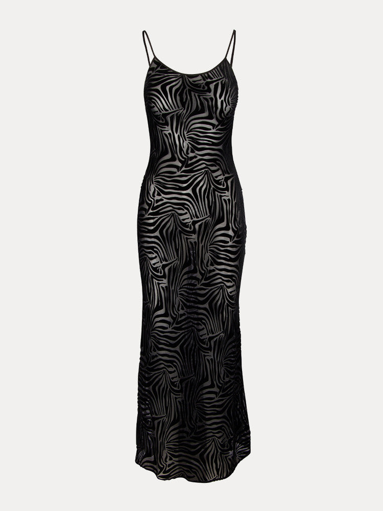Transparent Zebra Print Velvet Maxi Dress