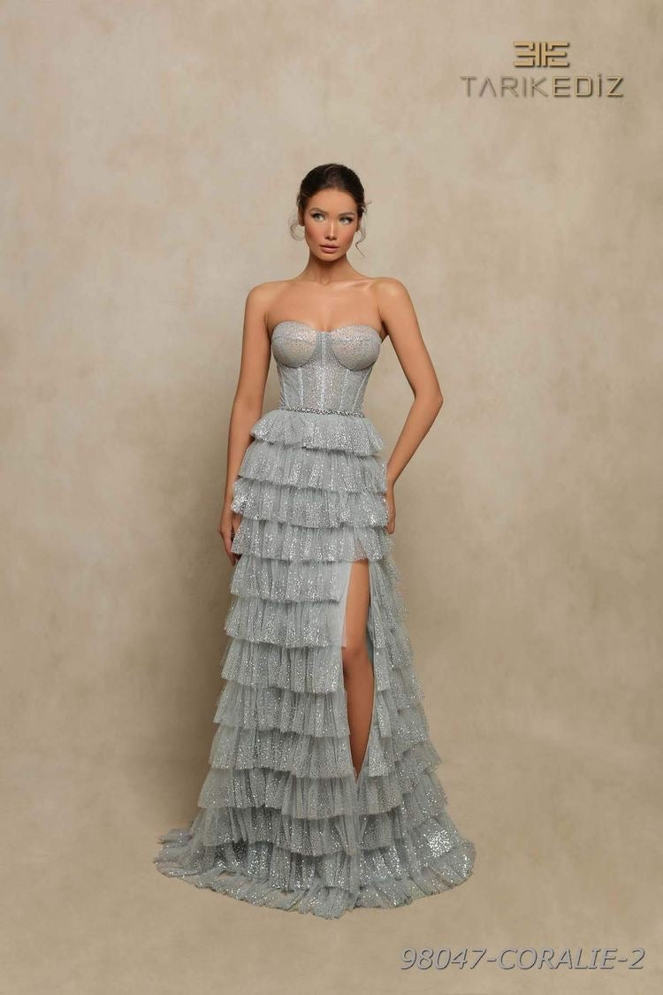Ruffled Slit Elegant Evening Dress