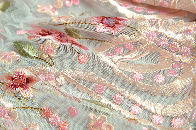 Mesh Stitching Flower Embroidery Slim Elegant Maxi Dress