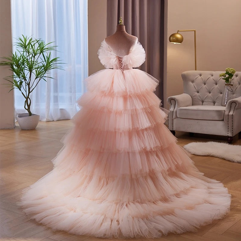 Ruffle Sweet Pink Prom Gown