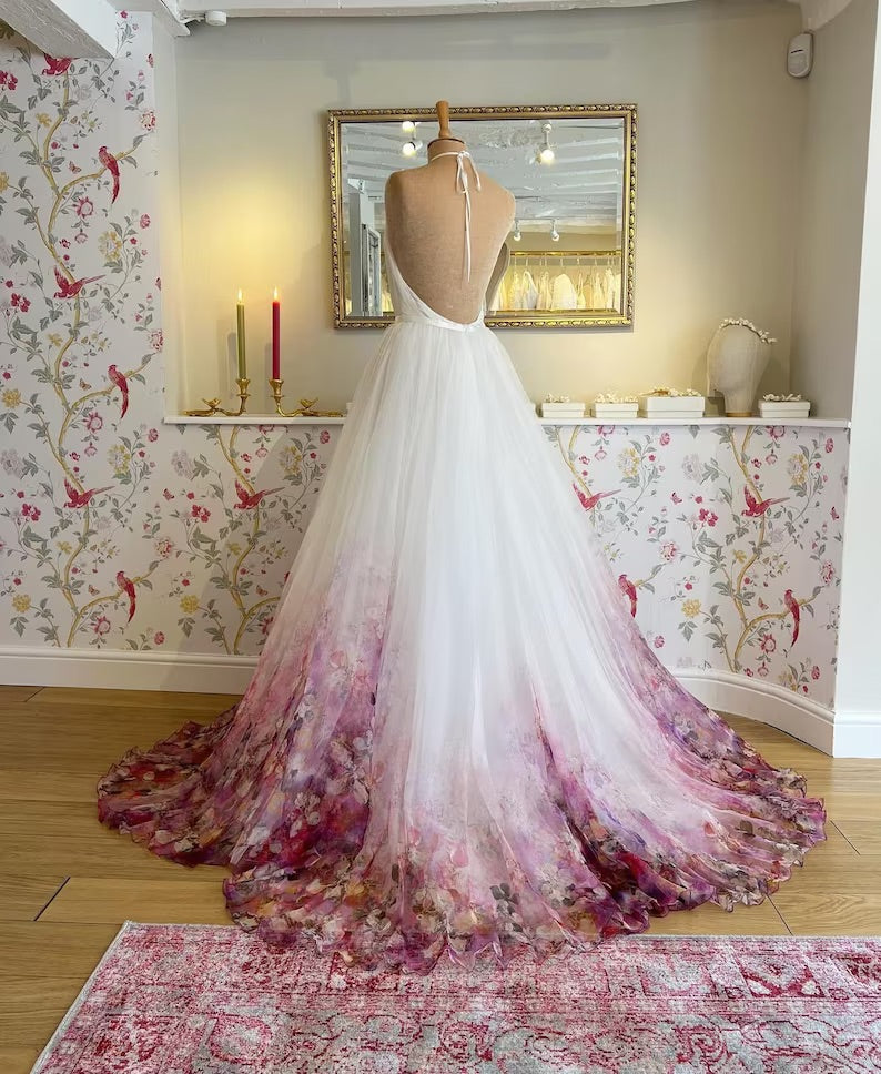 Halter Neck Chiffon Floral Print Wedding Dress