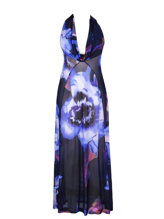 Purple Print Halter Backless Maxi Dress
