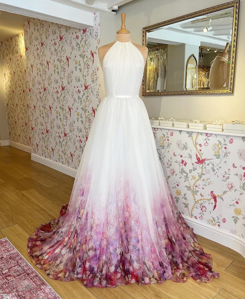 Halter Neck Chiffon Floral Print Wedding Dress