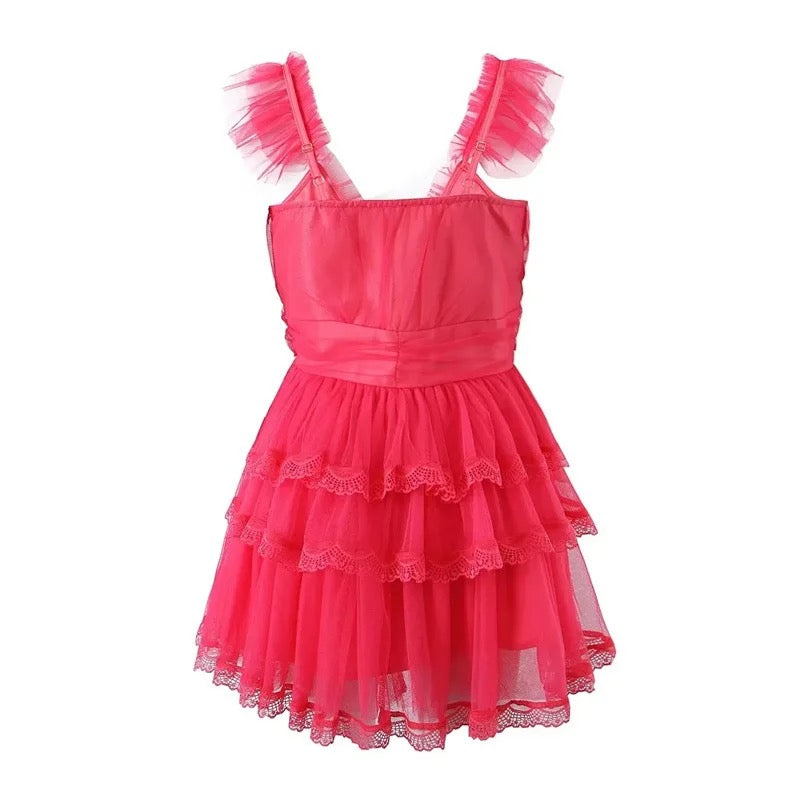 Mesh V-neck Pink Ruffled Mini Dress