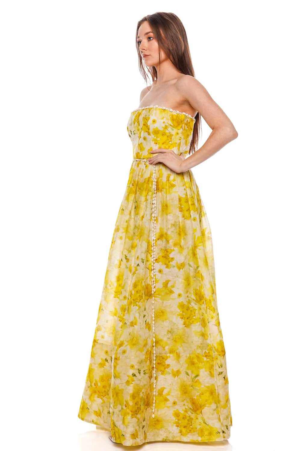Linen Natural Shell Beading Yellow Floral Print Midi Dress