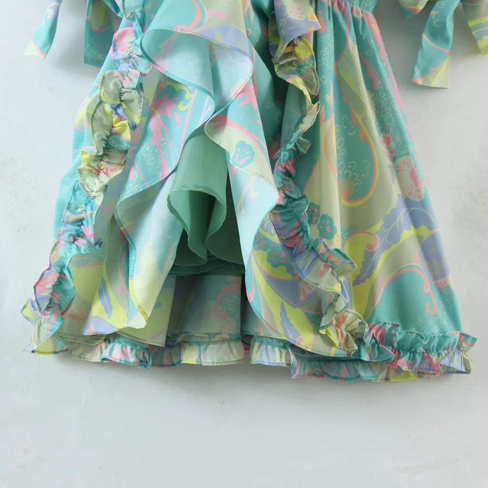 V-neck Ruffled Print Mini Dress