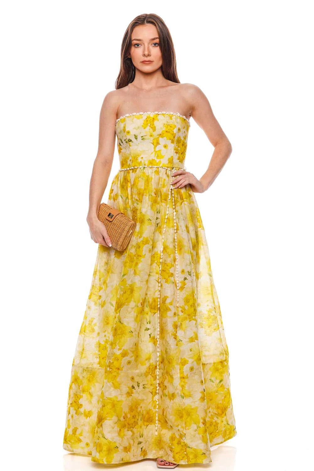 Linen Natural Shell Beading Yellow Floral Print Midi Dress