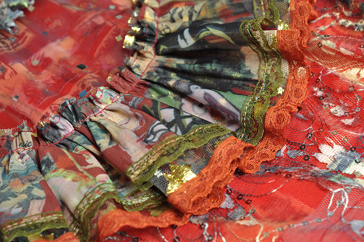 Flare Sleeve Mesh Printed Lace Cascading Ruffle Maxi Dress