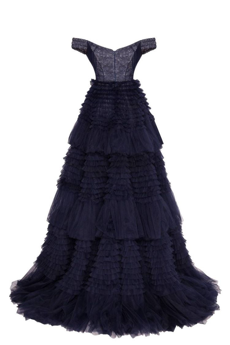 Ruffled Tulle Tiered Floor Length Evening Gown
