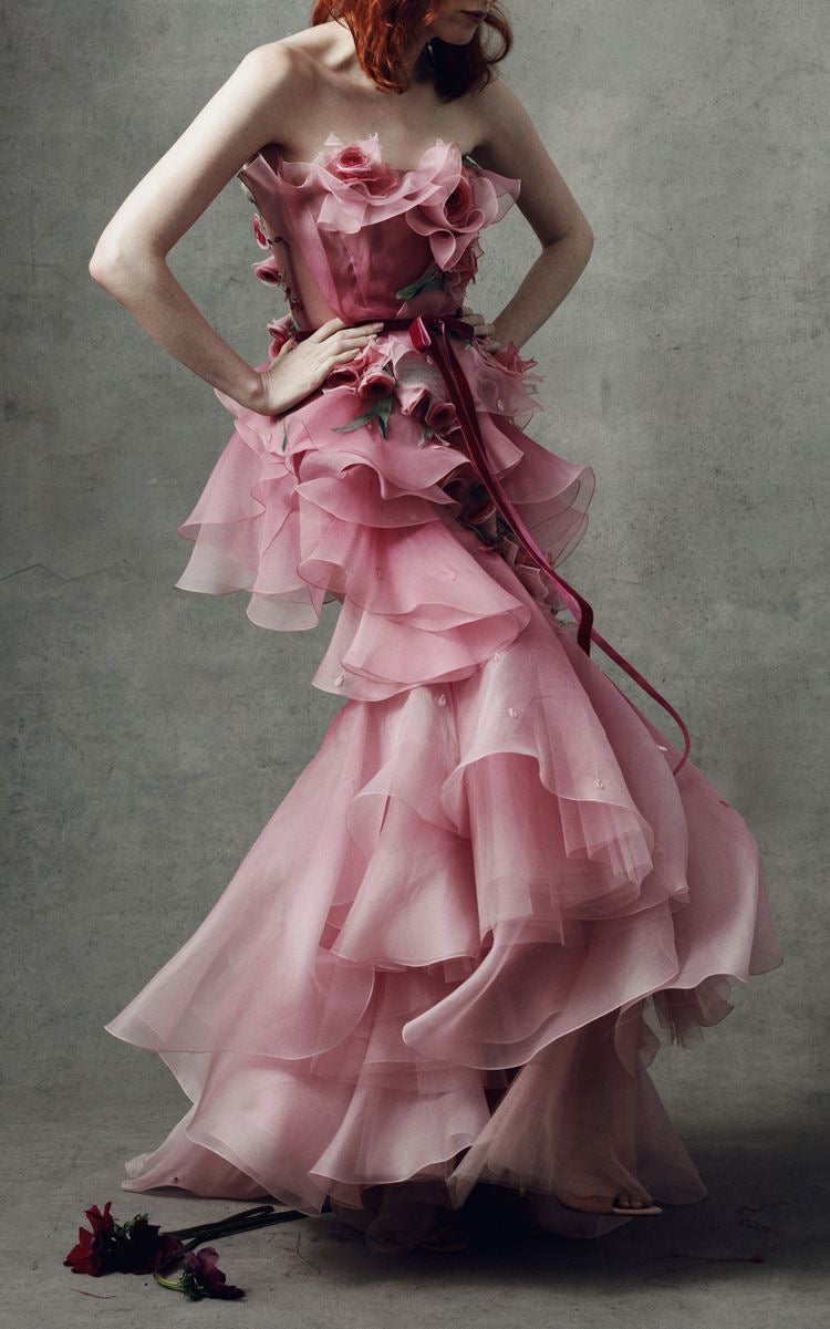Off The Shoulder Pink Organza Hand Flower Evening Dress