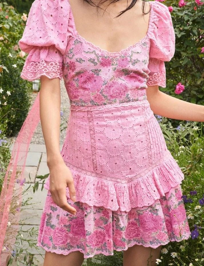 Embroidery Rose Flower Cottagecore Mini Dress